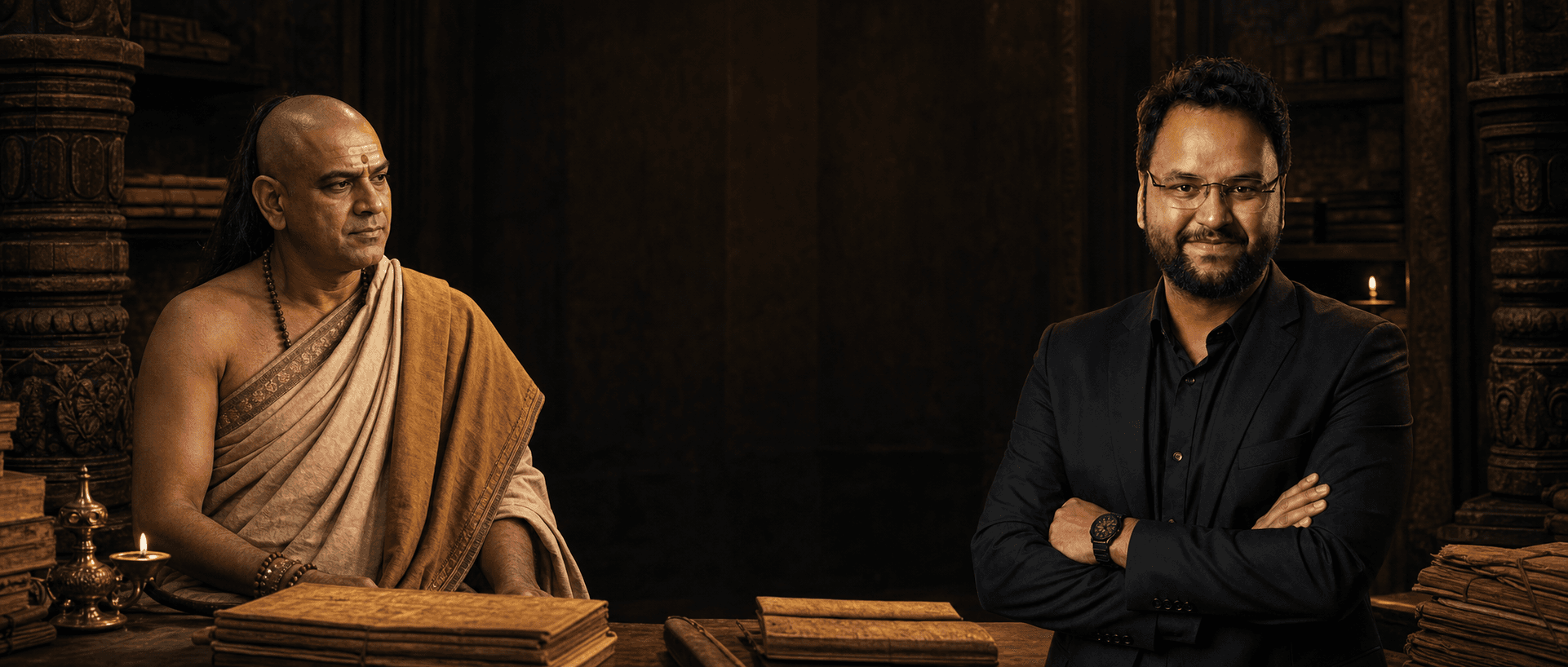 Shobhit Singhal and Chanakya in an elegant strategy library